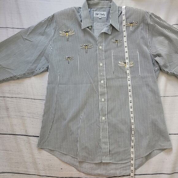 Get Lucky Size L Sequined Dragonfly Striped Button Up Shirt Mature Nature - Picture 6 of 9